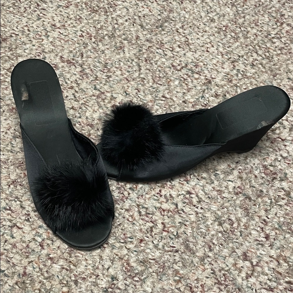 Vintage satin and real Fur-Trimmed Women's Wedge Shoes